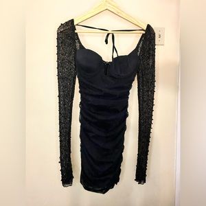 Embellished Long Sleeve Mini Dress in Black